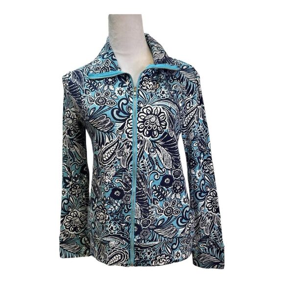 Floral Print Zip Up Jacket Blue Navy White Flowers Paisley Casual - Picture 1 of 7